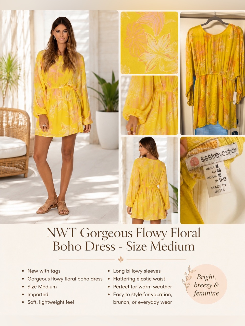 Sisstrevolution yellow Flounce Mini Bohemian Dress - Size Medium
